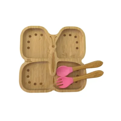 Πιάτο Φαγητού από Bamboo με Κουτάλι/Πιρούνι - Πεταλούδα Ροζ