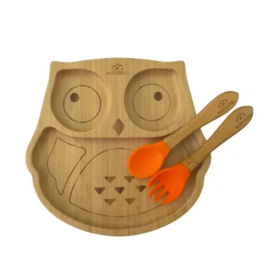 Πιάτο Φαγητού από Bamboo με Κουτάλι/Πιρούνι - Κουκουβάγια Πορτοκαλί